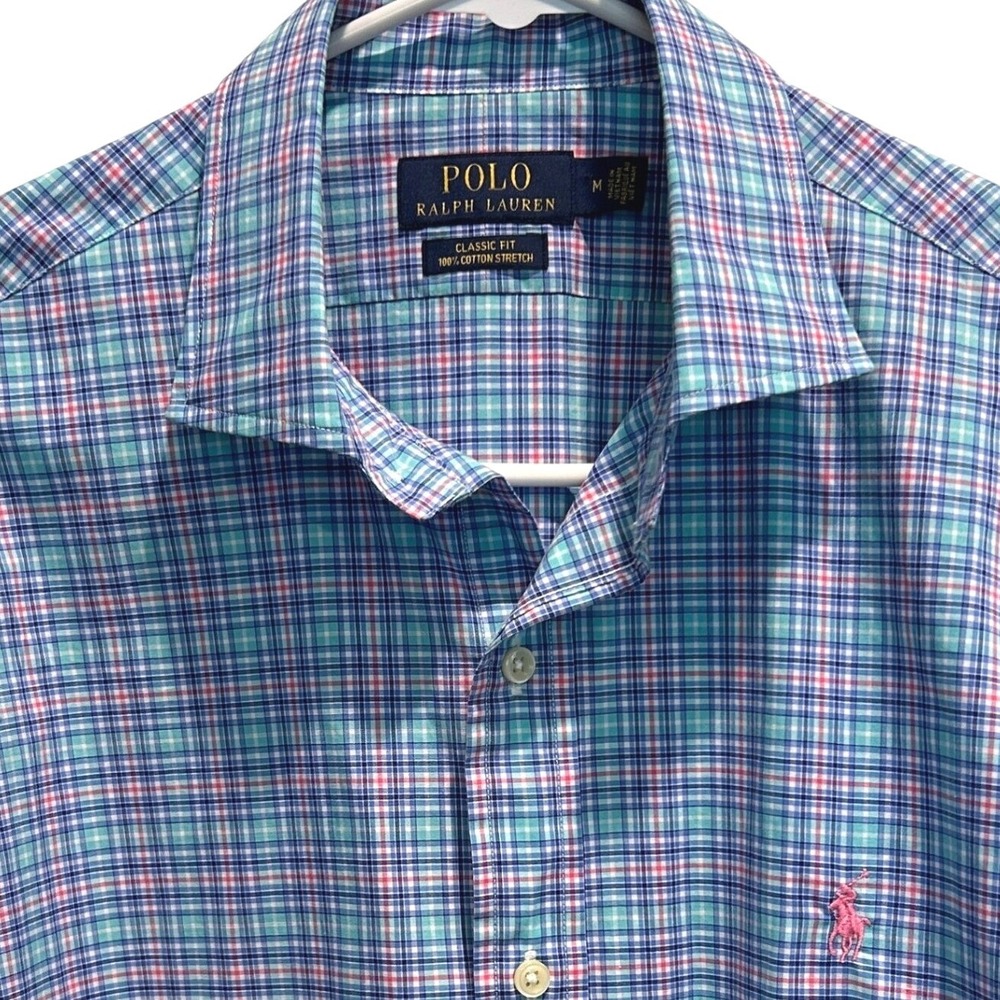 Polo Ralph Lauren Button Down Shirt Medium Mens Blue Green Plaid Cotton Stretch